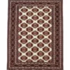 Full overhead view of a rectangular hand-knotted Turkmen wool rug with an ivory field and a repeating diagonal grid of burgundy and orange Gul medallions.