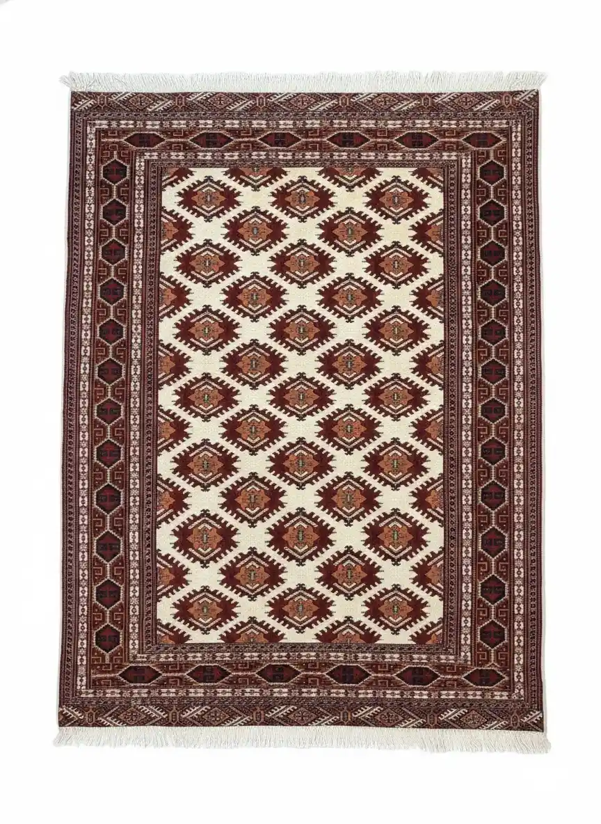 Full overhead view of a rectangular hand-knotted Turkmen wool rug with an ivory field and a repeating diagonal grid of burgundy and orange Gul medallions.
