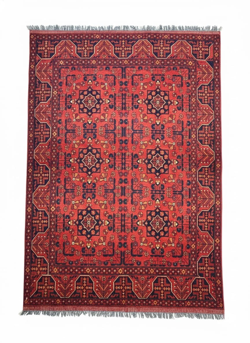 Full overhead view of a rectangular hand-knotted Afghan Khal Mohammad wool rug with a deep madder red field and repeating navy geometric medallions.
