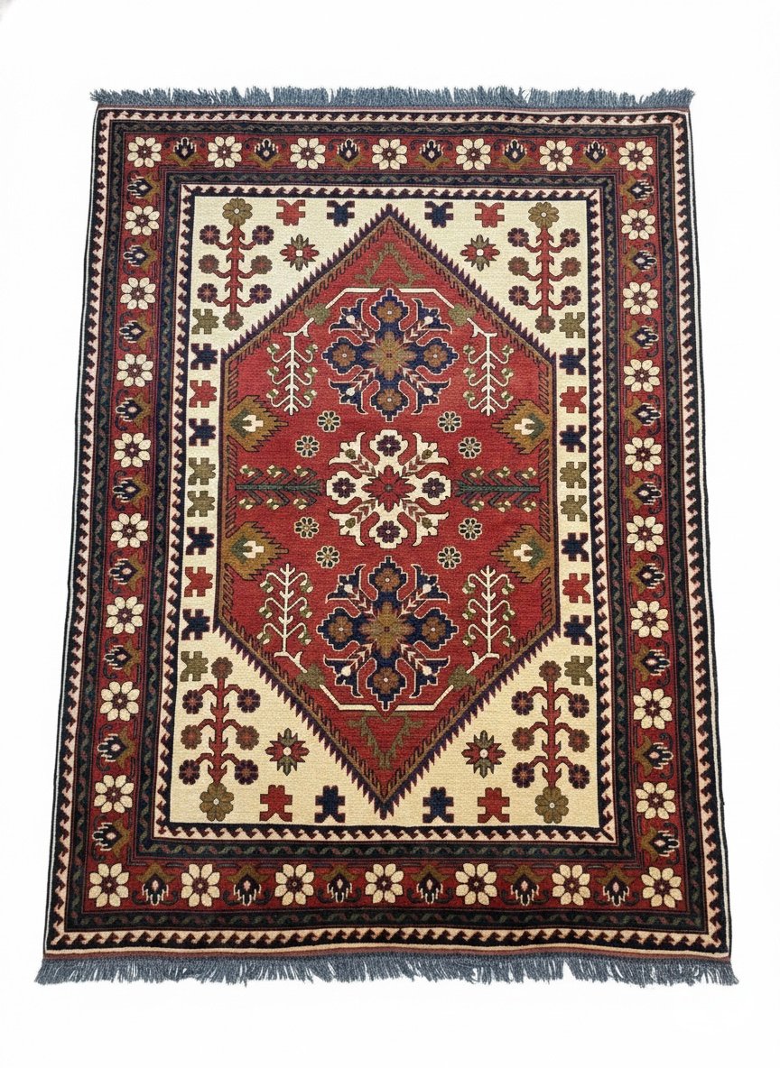 Full overhead view of a rectangular hand-knotted Afghan wool rug featuring a central red diamond medallion on a cream field with tribal floral motifs.