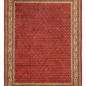 Full overhead view of a rectangular hand-knotted India Mir wool rug with a vibrant red field and a dense all-over cream Boteh pattern.