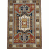 Full overhead view of a rectangular hand-knotted Kazak wool rug with a red and blue geometric central medallion and tribal border.