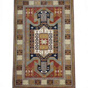 Full overhead view of a rectangular hand-knotted Kazak wool rug with a red and blue geometric central medallion and tribal border.