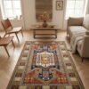 Modern living room with herringbone wood floors and a 4'1" x 6'9" Kazak wool rug placed under a rustic wood coffee table.