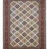Full overhead view of a rectangular hand-knotted Persian Ilam wool rug with an ivory field and a repeating diagonal diamond pattern in burgundy and blue.