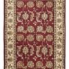 Full overhead view of a rectangular hand-tufted Indian wool rug with a deep burgundy field and ivory floral vine patterns.