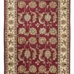 Full overhead view of a rectangular hand-tufted Indian wool rug with a deep burgundy field and ivory floral vine patterns.