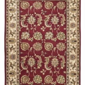 Full overhead view of a rectangular hand-tufted Indian wool rug with a deep burgundy field and ivory floral vine patterns.