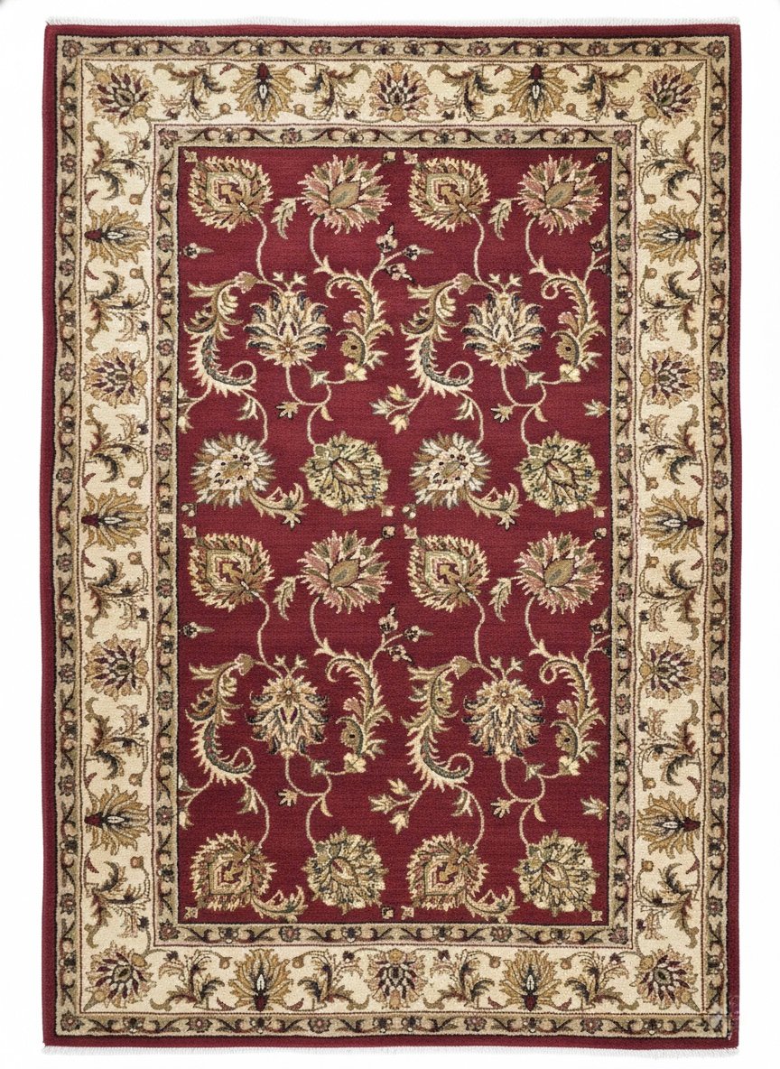 Full overhead view of a rectangular hand-tufted Indian wool rug with a deep burgundy field and ivory floral vine patterns.