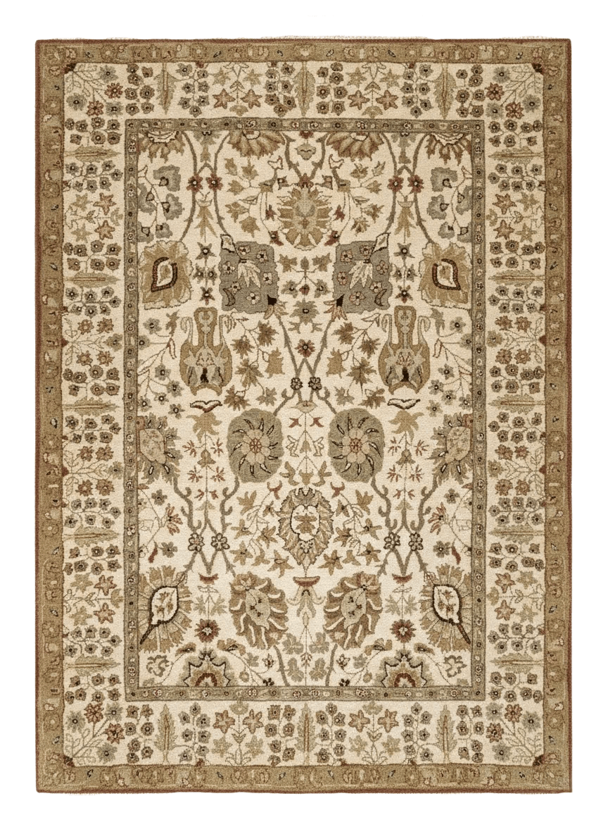 Full overhead view of a rectangular hand-tufted Indian wool rug with a cream field and delicate sage and tan botanical patterns.