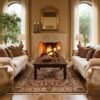 Elegant living room with a fireplace, white sofas, and a 4'1" x 7'1" red Indian wool rug styled under a dark wood coffee table.