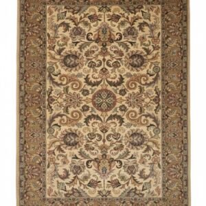 Full top-down view of a rectangular hand-tufted Indian wool rug with a cream field and intricate earth-toned floral patterns.