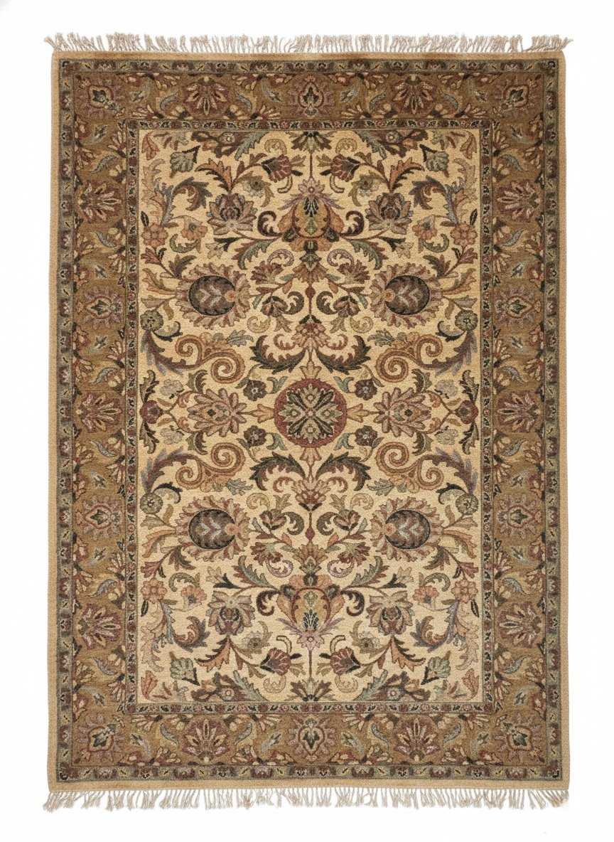 Full top-down view of a rectangular hand-tufted Indian wool rug with a cream field and intricate earth-toned floral patterns.