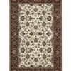 Full top-down view of a rectangular hand-knotted India Mir wool rug with a rich red field and an all-over repeating ivory Boteh (paisley) pattern.