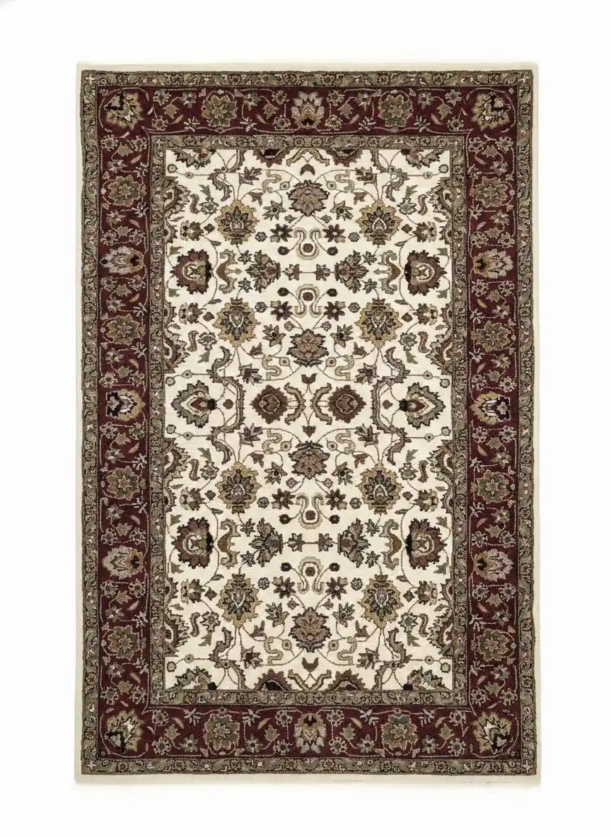 Full top-down view of a rectangular hand-knotted India Mir wool rug with a rich red field and an all-over repeating ivory Boteh (paisley) pattern.