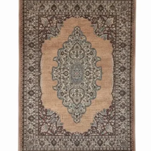 Full overhead view of a rectangular hand-knotted Russian Ghafghaz wool rug with a soft peach field and a detailed center medallion.