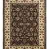 Full overhead view of a rectangular hand-tufted Indian wool rug with a black field and a detailed cream and tan floral border.