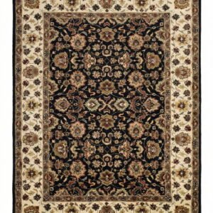 Full overhead view of a rectangular hand-tufted Indian wool rug with a black field and a detailed cream and tan floral border.