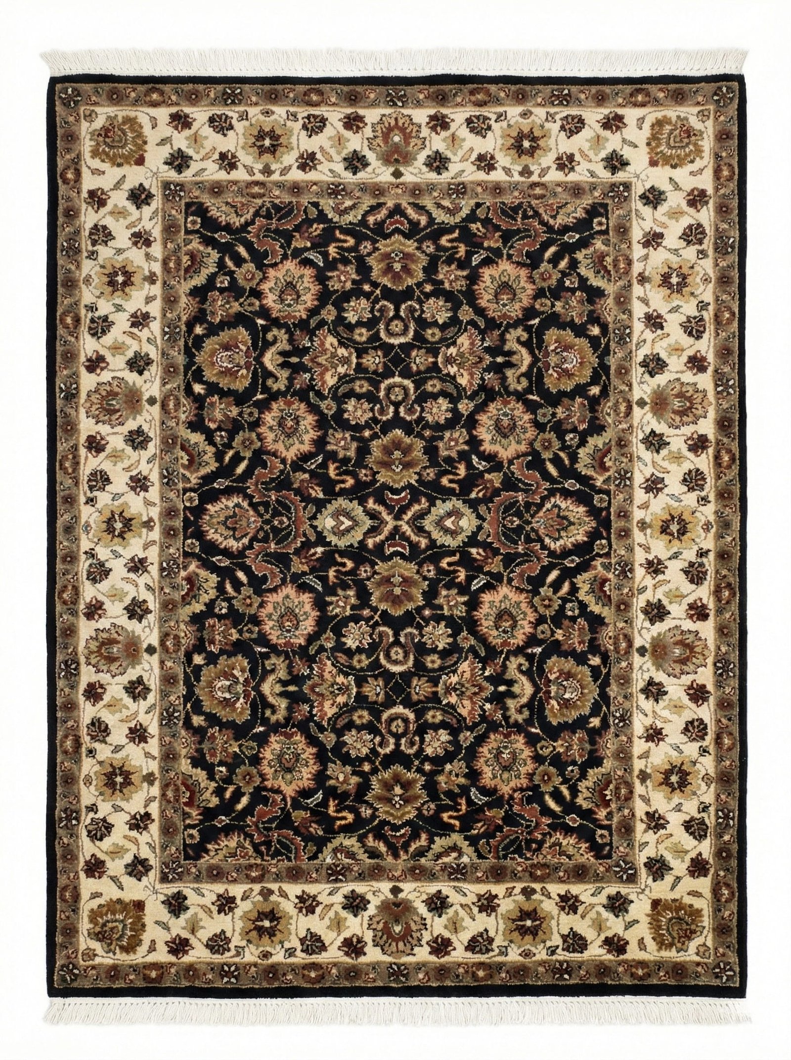 Full overhead view of a rectangular hand-tufted Indian wool rug with a black field and a detailed cream and tan floral border.