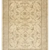 Full overhead view of a rectangular hand-knotted Afghan Chobi wool rug with a tan field and soft sage and gold floral patterns.