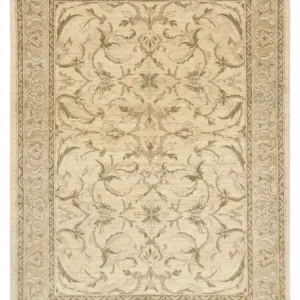 Full overhead view of a rectangular hand-knotted Afghan Chobi wool rug with a tan field and soft sage and gold floral patterns.