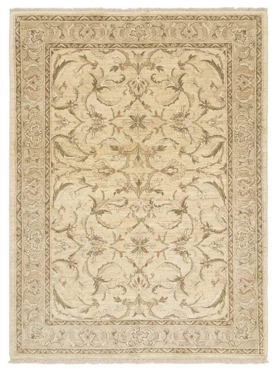 Full overhead view of a rectangular hand-knotted Afghan Chobi wool rug with a tan field and soft sage and gold floral patterns.