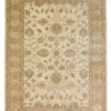 Full overhead view of a rectangular 6' 1" x 8' 9" hand-knotted Afghan Chobi wool rug with a luminous ivory field and large-scale tan floral patterns.