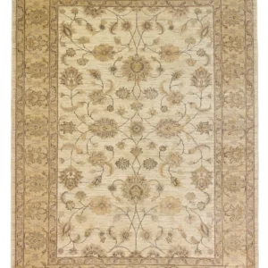 Full overhead view of a rectangular 6' 1" x 8' 9" hand-knotted Afghan Chobi wool rug with a luminous ivory field and large-scale tan floral patterns.