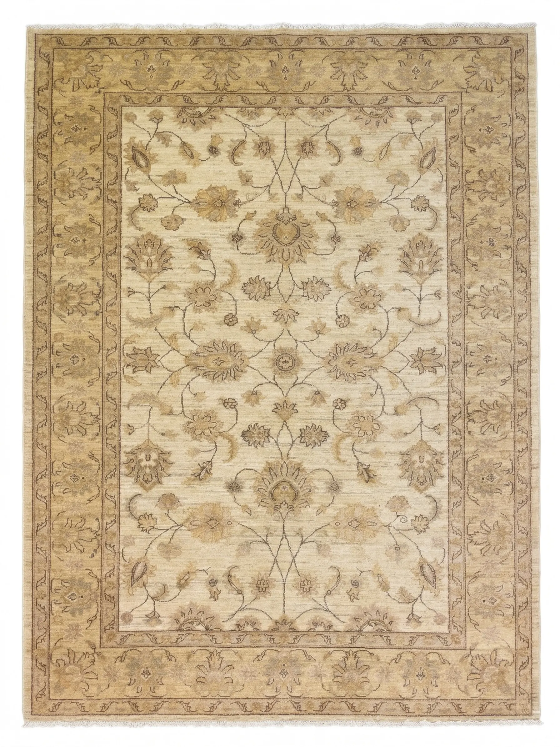 Full overhead view of a rectangular 6' 1" x 8' 9" hand-knotted Afghan Chobi wool rug with a luminous ivory field and large-scale tan floral patterns.