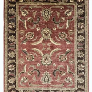 Full overhead view of a rectangular 6x8 hand-knotted Afghan Chobi wool rug with a tan field and soft sage and gold floral patterns.