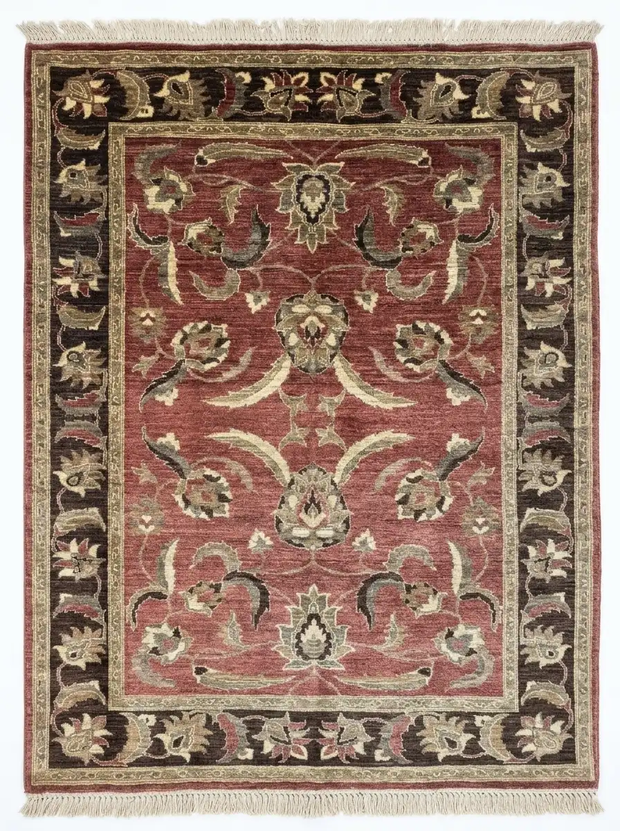 Full overhead view of a rectangular 6x8 hand-knotted Afghan Chobi wool rug with a tan field and soft sage and gold floral patterns.