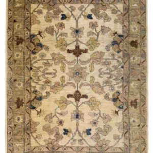 Full overhead view of a rectangular 6' x 8' 2" hand-knotted Afghan Chobi wool rug with an ivory field and muted sage and gold floral patterns.
