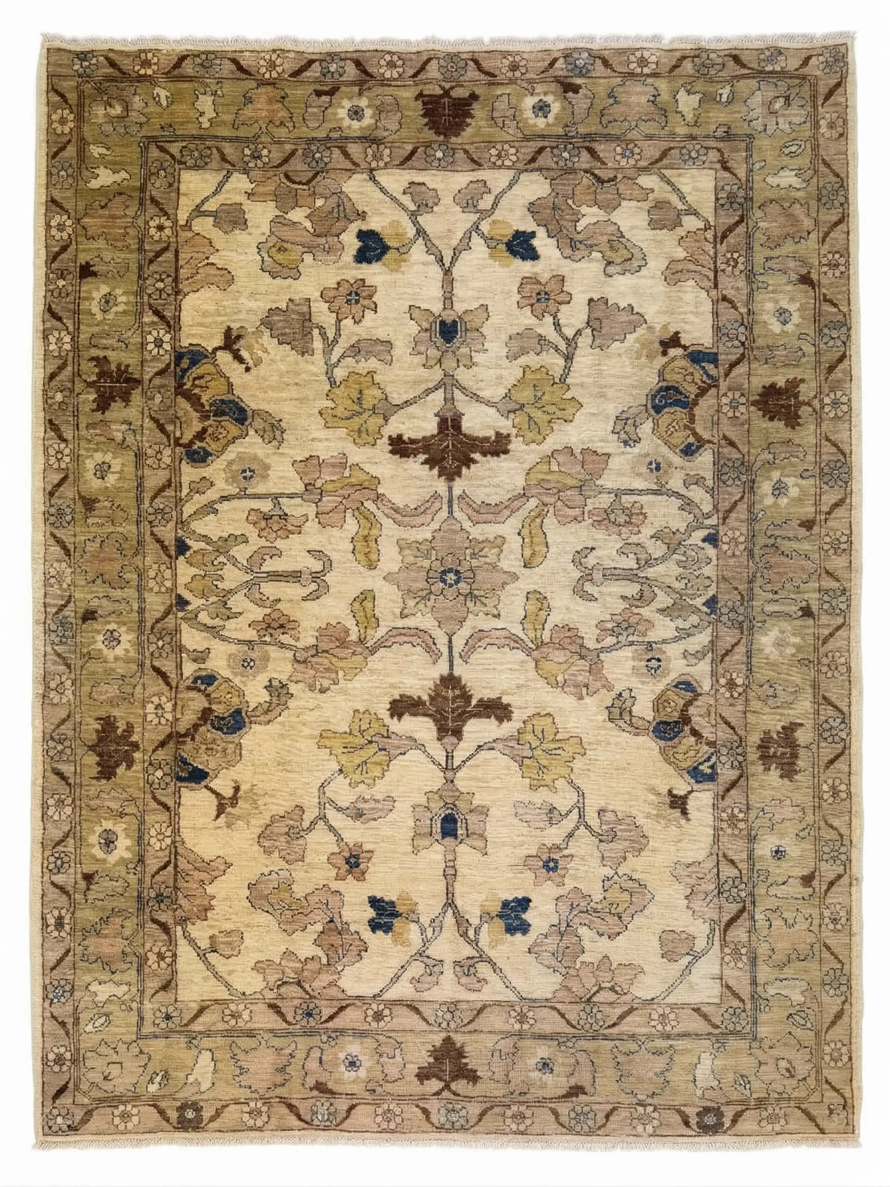 Full overhead view of a rectangular 6' x 8' 2" hand-knotted Afghan Chobi wool rug with an ivory field and muted sage and gold floral patterns.
