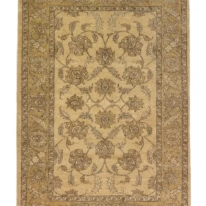 Full overhead view of a rectangular 6' x 8' 8" hand-knotted Afghan Chobi wool rug with a golden-tan field and large-scale tonal floral patterns.