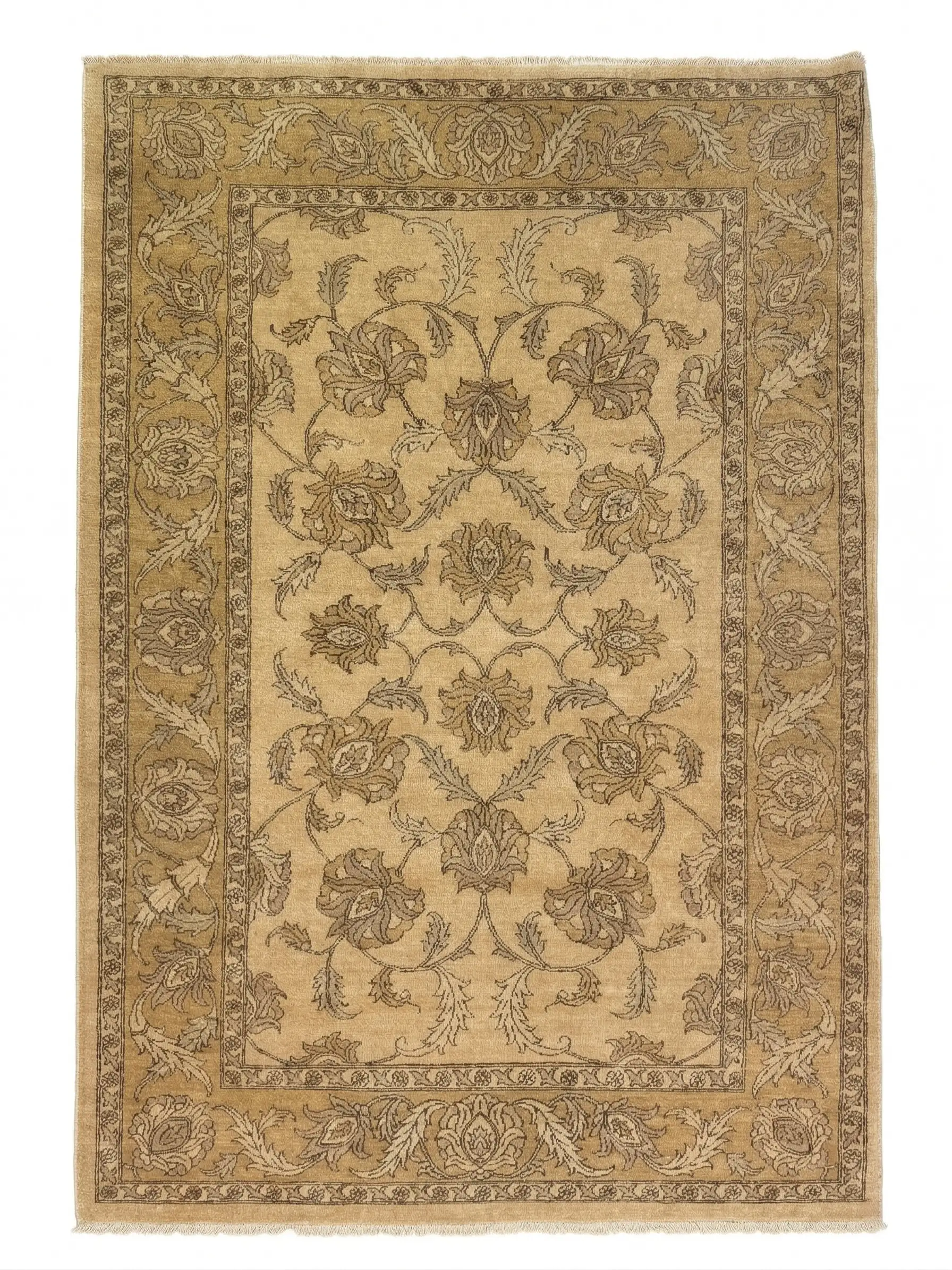 Full overhead view of a rectangular 6' x 8' 8" hand-knotted Afghan Chobi wool rug with a golden-tan field and large-scale tonal floral patterns.
