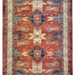 Full overhead view of a rectangular 5' 5" x 8' 1" hand-knotted Afghan wool rug with a rich madder red field and repeating navy geometric medallions.