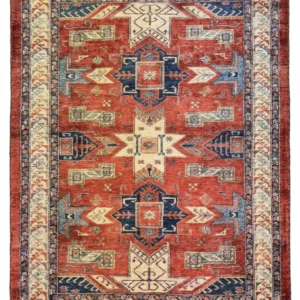Full overhead view of a rectangular 5' 5" x 8' 1" hand-knotted Afghan wool rug with a rich madder red field and repeating navy geometric medallions.