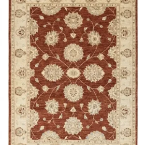 Full overhead view of a rectangular 5'6" x 8'3" hand-knotted India Chobi wool rug with a warm tan field and soft gold and sage floral patterns.