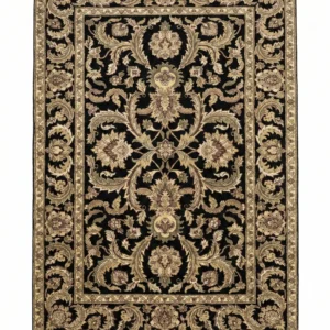 Full overhead view of a rectangular 5' 1" x 8' 3" hand-knotted Indian wool rug with a deep black field and intricate cream and ivory floral motifs.