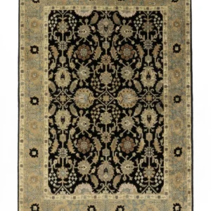Full overhead view of a 5' 5" x 7' 11" hand-knotted Indian wool rug with a dark navy field, ivory central medallion, and ornate floral borders.
