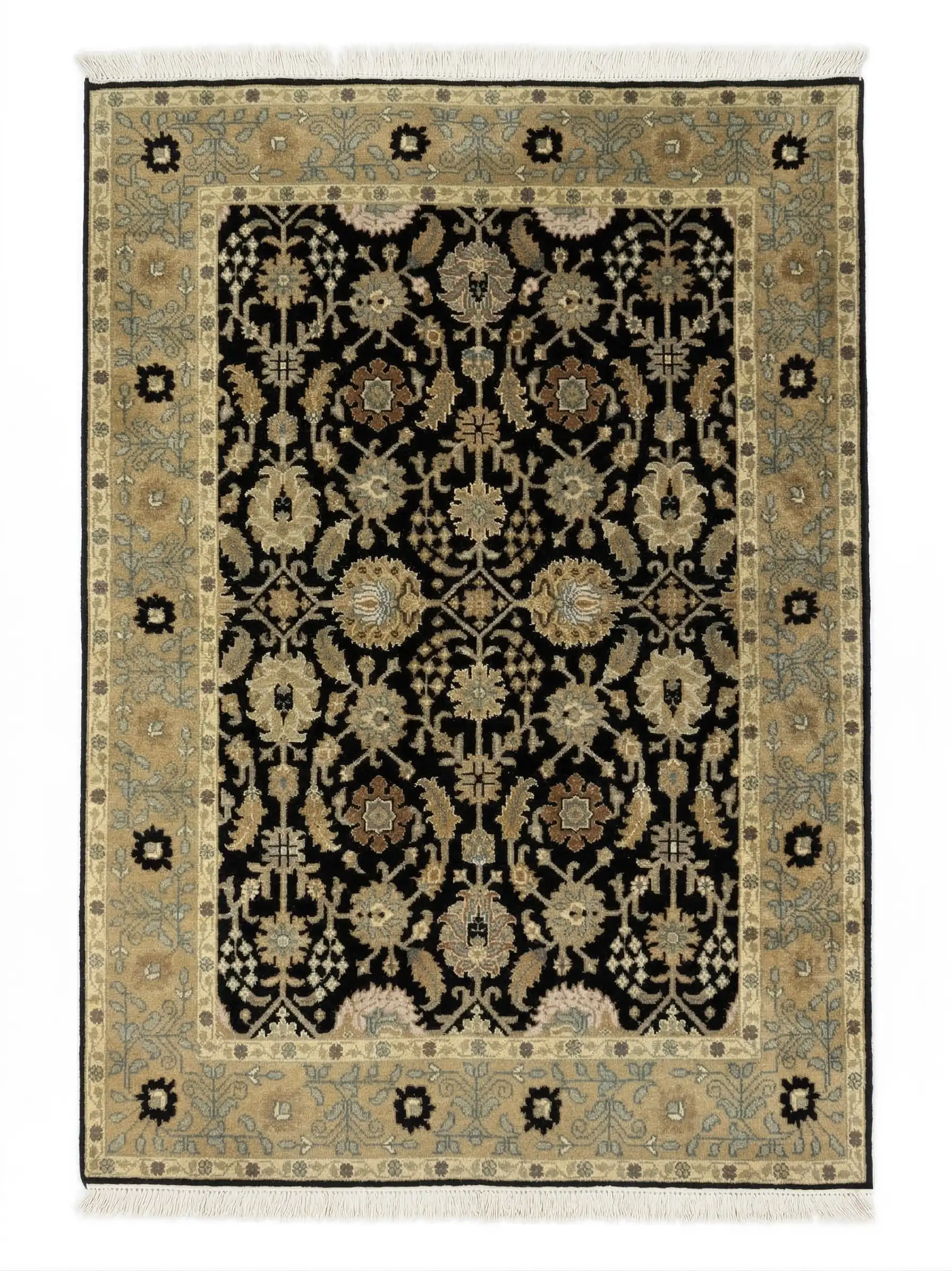 Full overhead view of a 5' 5" x 7' 11" hand-knotted Indian wool rug with a dark navy field, ivory central medallion, and ornate floral borders.