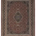 Full overhead view of a rectangular 5' 8" x 7' 1" hand-knotted Indian wool rug featuring a burgundy field and a massive cream and navy central medallion.