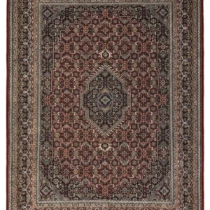 Full overhead view of a rectangular 5' 8" x 7' 1" hand-knotted Indian wool rug featuring a burgundy field and a massive cream and navy central medallion.