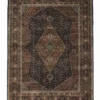 Full overhead view of a rectangular 5' 8" x 7' 8" hand-knotted Indian wool rug featuring a dark chocolate and rust field with nested diamond medallions.
