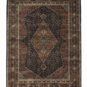 Full overhead view of a rectangular 5' 8" x 7' 8" hand-knotted Indian wool rug featuring a dark chocolate and rust field with nested diamond medallions.