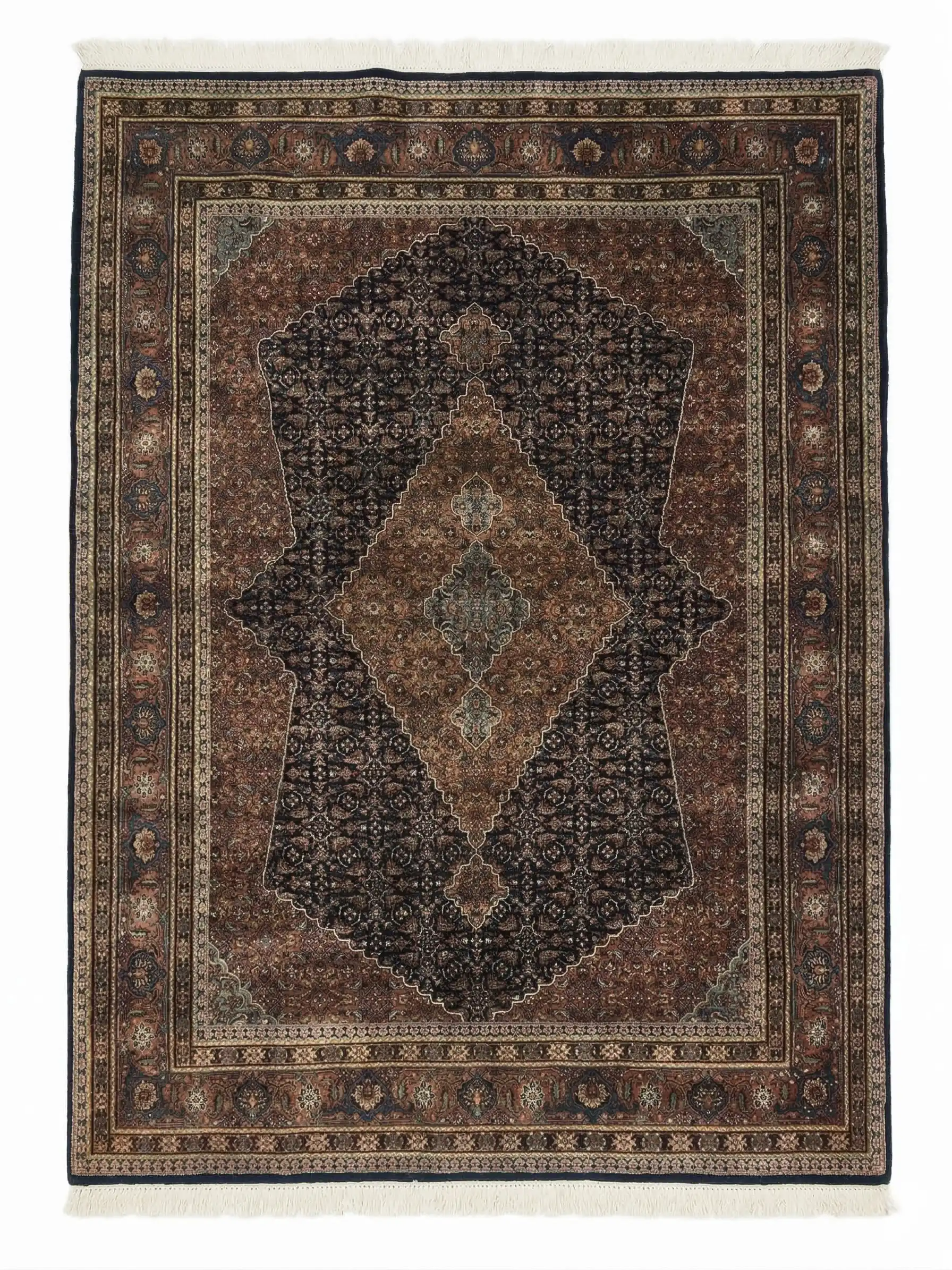 Full overhead view of a rectangular 5' 8" x 7' 8" hand-knotted Indian wool rug featuring a dark chocolate and rust field with nested diamond medallions.
