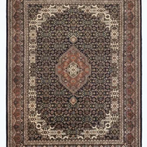 Full overhead view of a rectangular 5' 8" x 8' 2" hand-knotted Indian wool rug with a dark navy field and a large ivory central medallion.