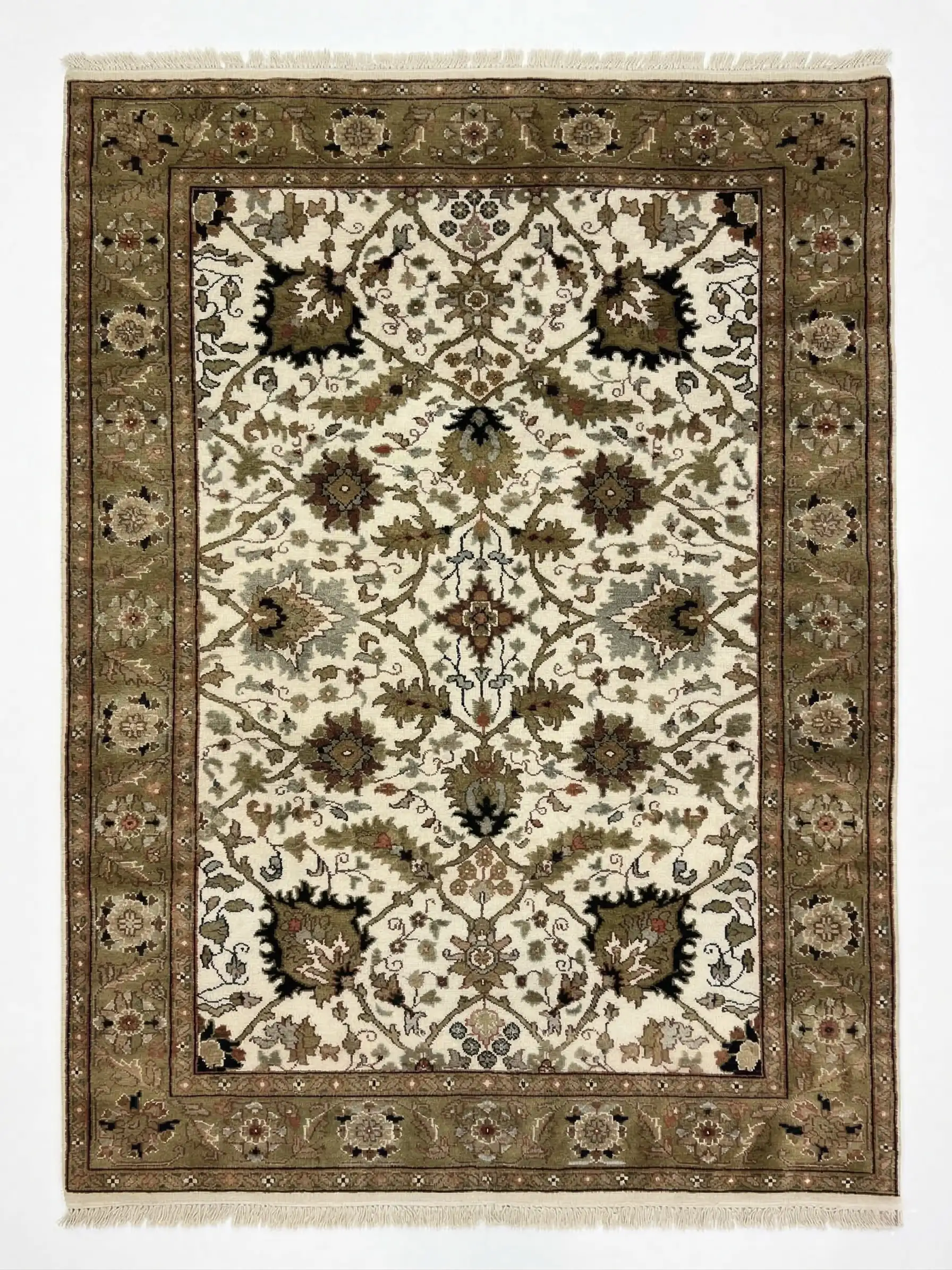 Full overhead view of a 6' 1" x 8' 8" hand-knotted Indian wool rug featuring a deep navy field and a large ivory floral central medallion.
