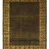 Full overhead view of a rectangular 6' 2" x 9' hand-knotted Indian wool rug featuring a dense black field with tiny gold diamond patterns and a wide ornate gold border.