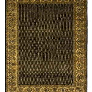 Full overhead view of a rectangular 6' 2" x 9' hand-knotted Indian wool rug featuring a dense black field with tiny gold diamond patterns and a wide ornate gold border.
